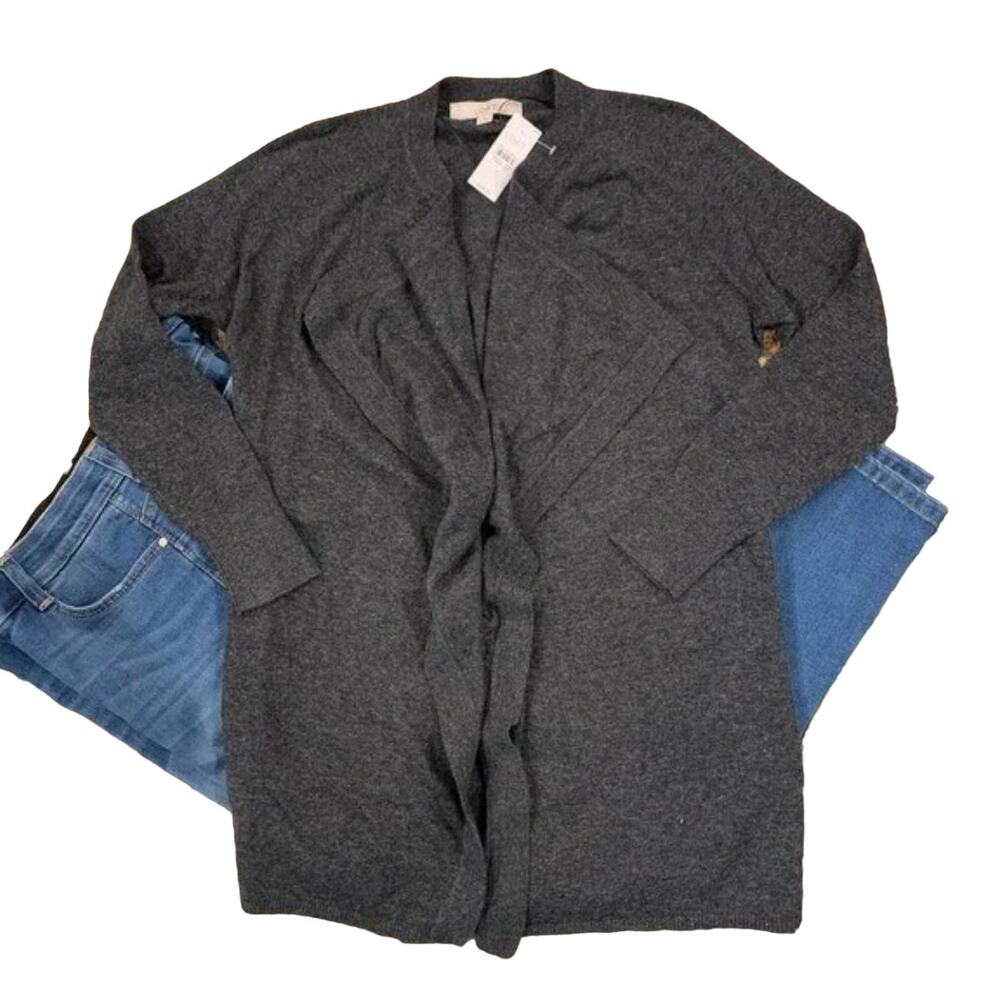 NWT LOFT Dark Charcoal Grey Draped Soft Knit Open Cardigan Sweater - SIZE S